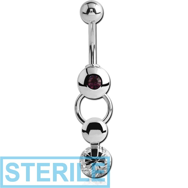 STERILE RHODIUM PLATED BRASS JEWELLED DANGLING NAVEL BANANA