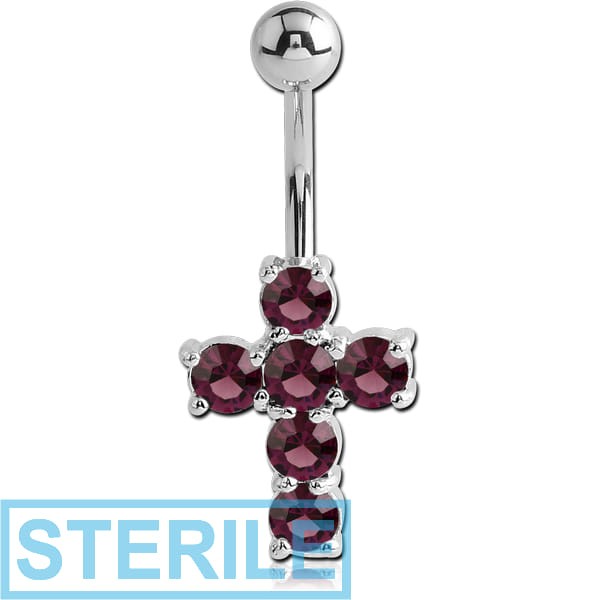 STERILE RHODIUM PLATED BRASS SWAROVSKI CRYSTALS JEWELLED CROSS NAVEL BANANA