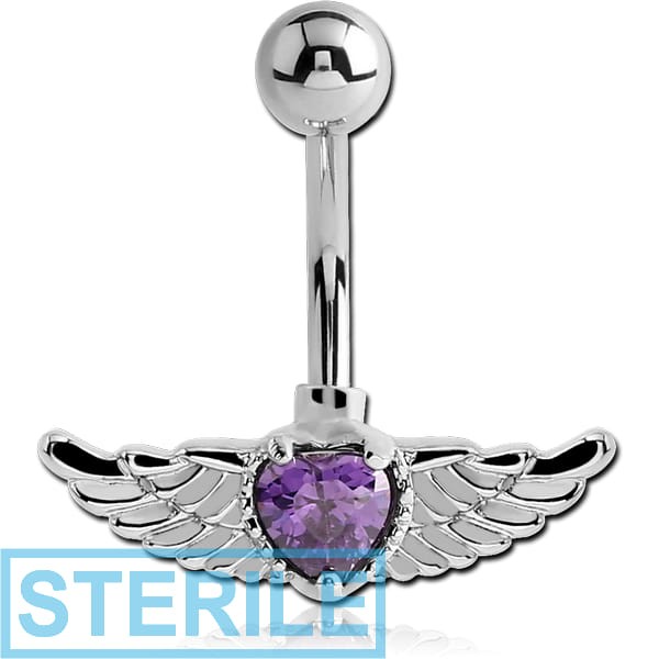STERILE RHODIUM PLATED BRASS JEWELLED WINGED HEART NAVEL BANANA