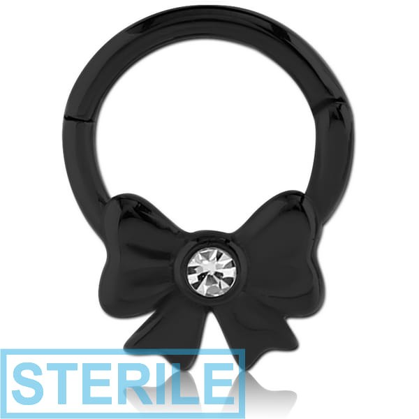 STERILE BLACK PVD COATED SURGICAL STEEL HINGED BALL CLOSURE RING WITH JEWELLED ATTACHMENT - BOW