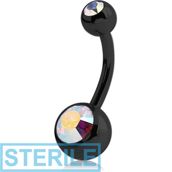 STERILE BLACK PVD COATED SURGICAL STEEL DOUBLE SWAROVSKI CRYSTALS JEWELLED NAVEL BANANA