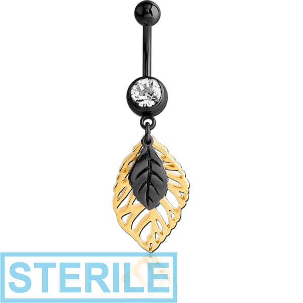 STERILE BLACK PVD COATED SURGICAL STEEL JEWELLED NAVEL BANANA WITH DANGLING GOLD PLATED CHARM - TWO LEAFS