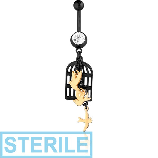 STERILE SURGICAL STEEL JEWELLED NAVEL BANANA WITH DANGLING BLACK PVD COATED CHARM - BIRDS AND CAGE