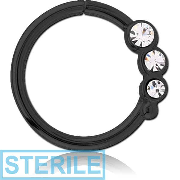 STERILE BLACK PVD COATED SURGICAL STEEL JEWELLED SEAMLESS RING - LEFT - TRIPLE GEM
