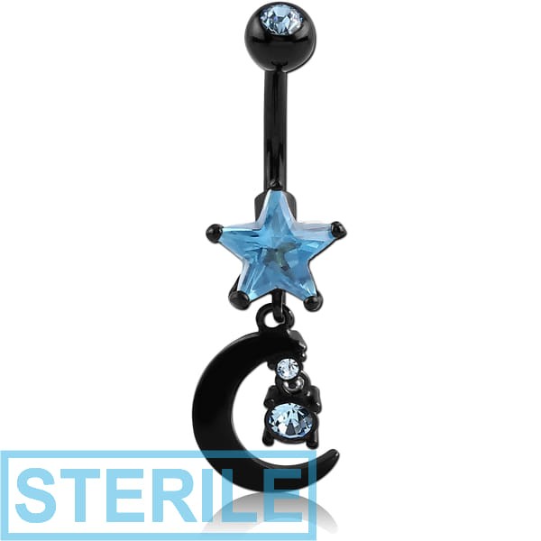 STERILE BLACK PVD COATED DOUBLE JEWELLED STAR FASHION NAVEL BANANA WITH MOON CHARM