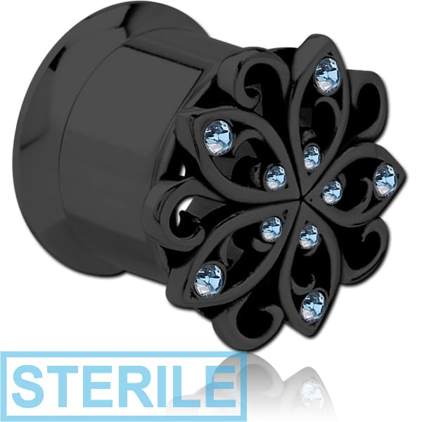 STERILE BLACK PVD COATED STAINLESS STEEL DOUBLE FLARED INTERNALLY THREADED JEWELLED TUNNEL