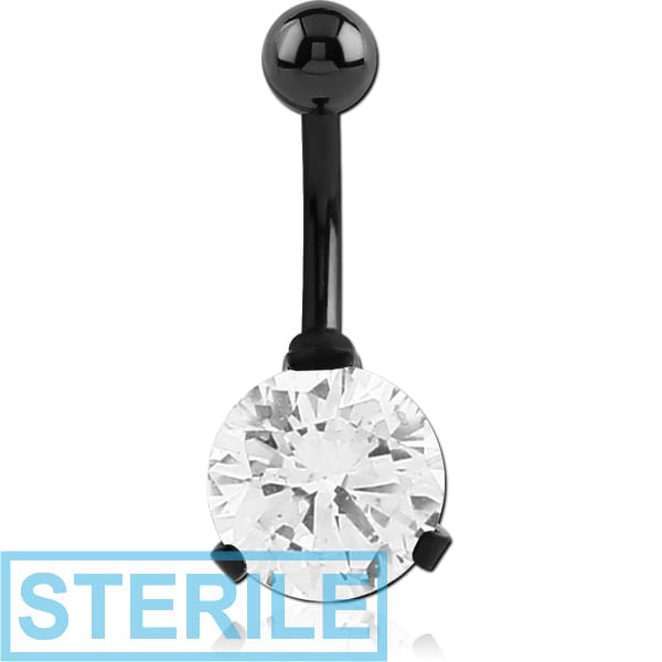 STERILE BLACK PVD COATED SURGICAL STEEL ROUND PRONG SET 10MM CZ JEWELLED NAVEL BANANA
