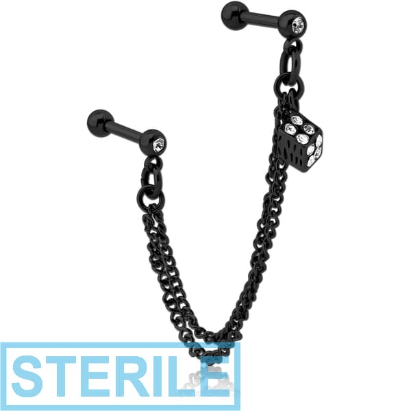 STERILE BLACK PVD COATED SURGICAL STEEL JEWELLED TRAGUS MICRO BARBELLS CHAIN LINKED - RUBIK