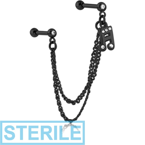 STERILE BLACK PVD COATED SURGICAL STEEL JEWELLED TRAGUS MICRO BARBELLS CHAIN LINKED - MUSIC NOTE