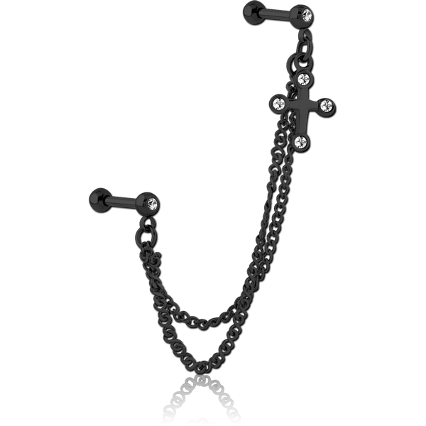 BLACK PVD COATED SURGICAL STEEL JEWELLED TRAGUS MICRO BARBELLS CHAIN LINKED - CROSS