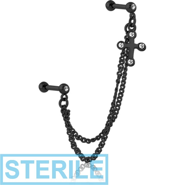 STERILE BLACK PVD COATED SURGICAL STEEL JEWELLED TRAGUS MICRO BARBELLS CHAIN LINKED - CROSS
