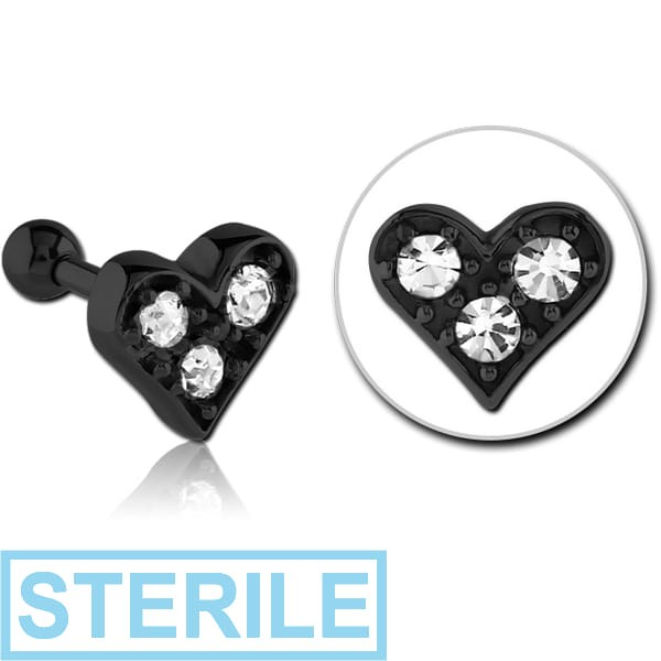 STERILE BLACK PVD COTAED SURGICAL STEEL JEWELLED TRAGUS MICRO BARBELL - HEART