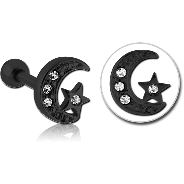 BLACK PVD COATED SURGICAL STEEL JEWELLED TRAGUS MICRO BARBELL - CRESCENT AND STAR