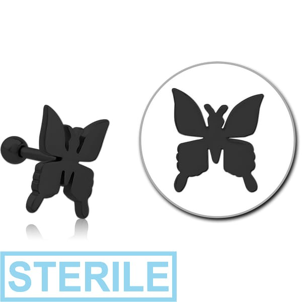 STERILE BLACK PVD COATED SURGICAL STEEL TRAGUS MICRO BARBELL - BUTTERFLY
