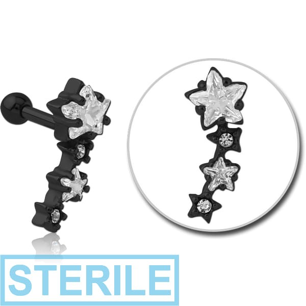 STERILE BLACK PVD COATED SURGICAL STEEL JEWELLED TRAGUS MICRO BARBELL - STARS