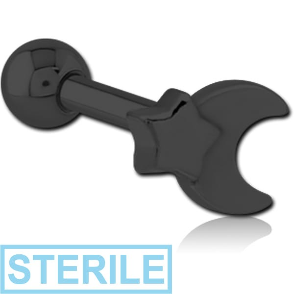 STERILE BLACK PVD COATED SURGICAL STEEL TRAGUS MICRO BARBELL - CRESCENT AND STAR
