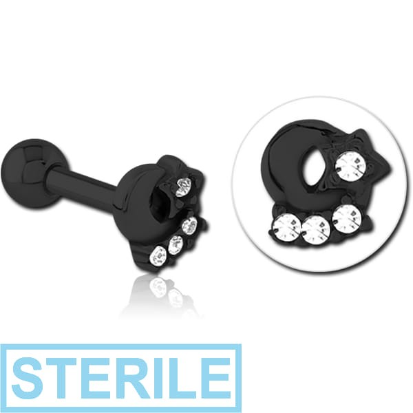 STERILE BLACK PVD COATED SURGICAL STEEL JEWELLED TRAGUS MICRO BARBELL - PLAIN MOON AND STARS