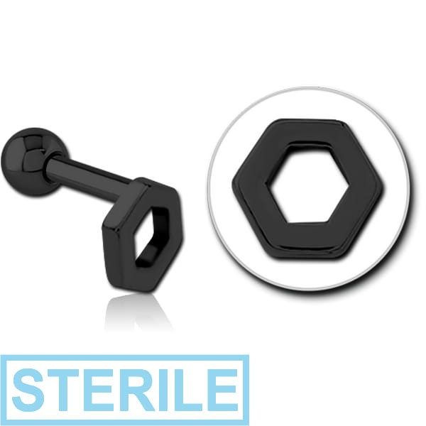STERILE BLACK PVD COATED SURGICAL STEEL TRAGUS MICRO BARBELL - HEXAGON