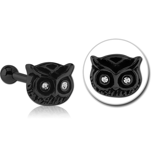 BLACK PVD COATED SURGICAL STEEL OWL JEWELLED TRAGUS MICRO BARBELL