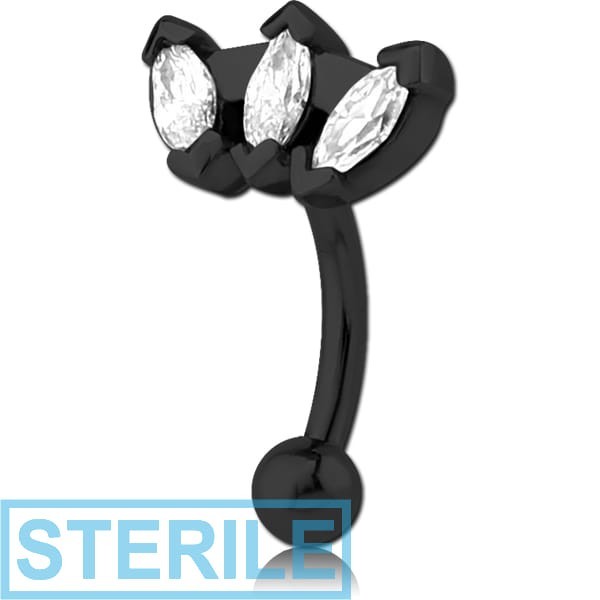 STERILE BLACK PVD COATED SURGICAL STEEL JEWELLED FANCY CURVED MICRO BARBELL - TRIPLE GEM