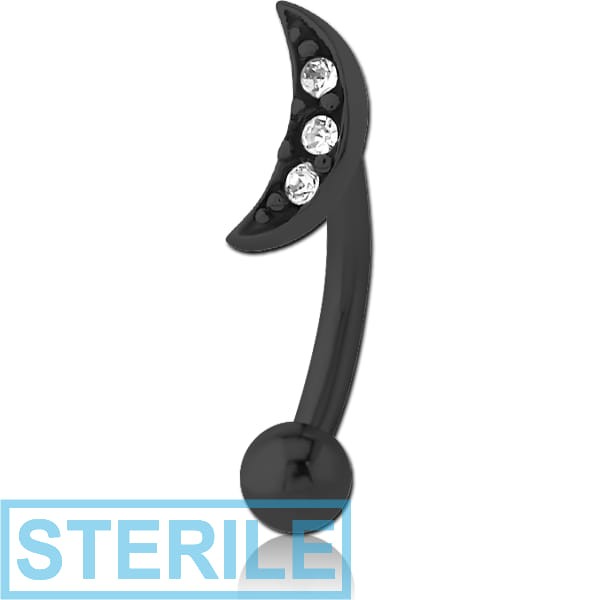 STERILE BLACK PVD COATED SURGICAL STEEL JEWELLED FANCY CURVED MICRO BARBELL - CRESCENT 3 GEMS