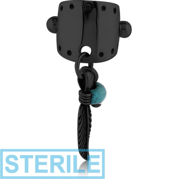 STERILE BLACK PVD COATED SURGICAL STEEL JEWELLED CARTILAGE SHIELD - DANGLING FEATHER