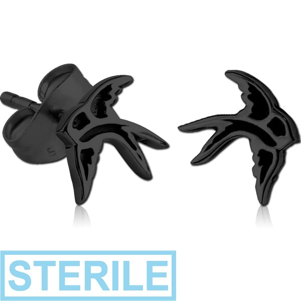 STERILE BLACK PVD COATED SURGICAL STEEL EAR STUDS PAIR - BIRD