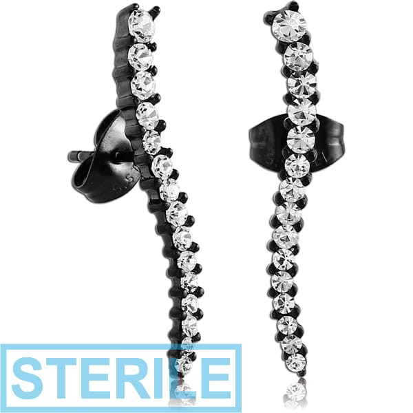 STERILE BLACK PVD COATED SURGICAL STEEL JEWELLED EAR STUDS PAIR
