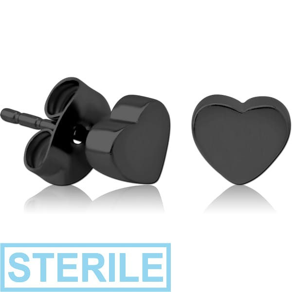 STERILE BLACK PVD COATED SURGICAL STEEL EAR STUDS PAIR - HEART