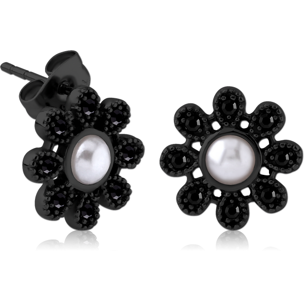 BLACK PVD COATED SURGICAL STEEL JEWELLED EAR STUDS PAIR WITH SYNTATIC PEARL - FLOWER