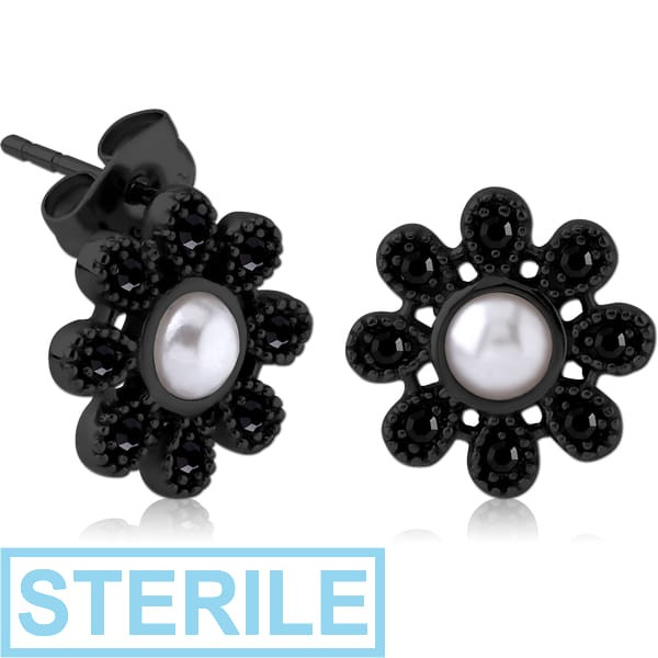 STERILE BLACK PVD COATED SURGICAL STEEL JEWELLED EAR STUDS PAIR WITH SYNTATIC PEARL - FLOWER