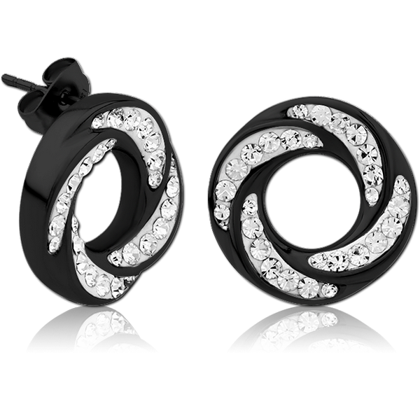 BLACK PVD COATED SURGICAL STEEL CRYSTALINE JEWELLED EAR STUDS PAIR - SPIRAL