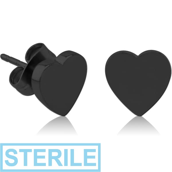 STERILE BLACK PVD COATED SURGICAL STEEL EAR STUDS PAIR - HEART FLAT
