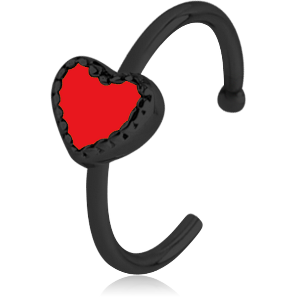BLACK PVD COATED SURGICAL STEEL OPEN NOSE RING WITH ENAMEL - HEART