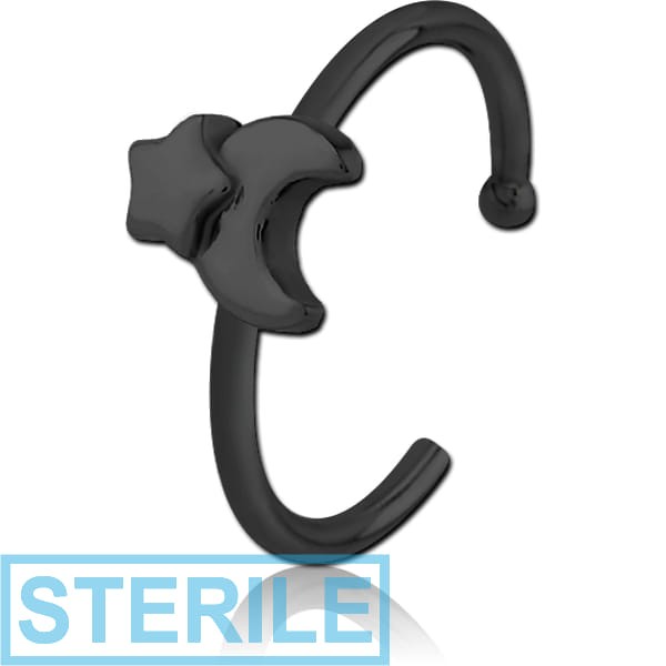 STERILE BLACK PVD COATED SURGICAL STEEL OPEN NOSE RING - CRESCENT AND STAR