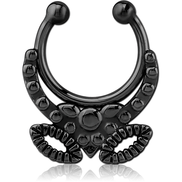 BLACK PVD COATED SURGICAL STEEL FAKE SEPTUM RING - V AND TWO EYES