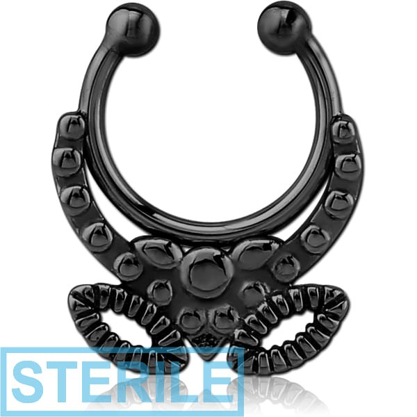 STERILE BLACK PVD COATED SURGICAL STEEL FAKE SEPTUM RING - V AND TWO EYES
