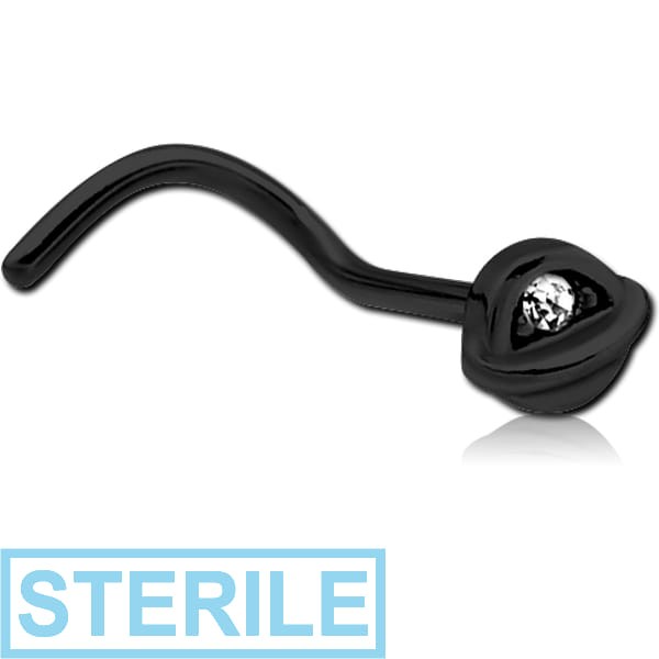 STERILE BLACK PVD COATED SURGICAL STEEL CURVED JEWELLED NOSE STUD