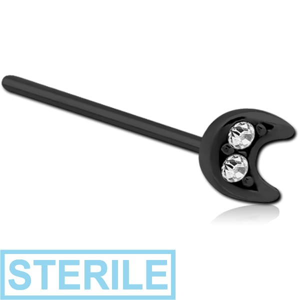 STERILE BLACK PVD COATED SURGICAL STEEL STRAIGHT JEWELLED NOSE STUD - CRESCENT
