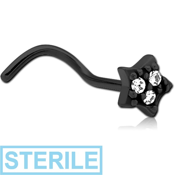 STERILE BLACK PVD COATED SURGICAL STEEL CURVED JEWELLED NOSE STUD - STAR
