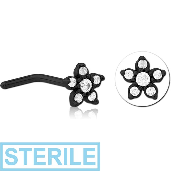 STERILE BLACK PVD COATED SURGICAL STEEL 90 DEGREE JEWELLED NOSE STUD -FLOWER