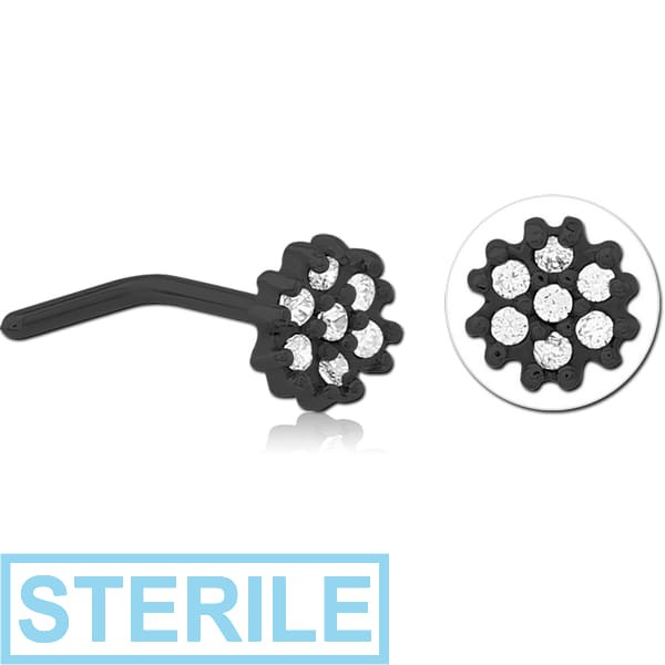 STERILE BLACK PVD COATED SURGICAL STEEL 90 DEGREE JEWELLED NOSE STUD - FLOWER