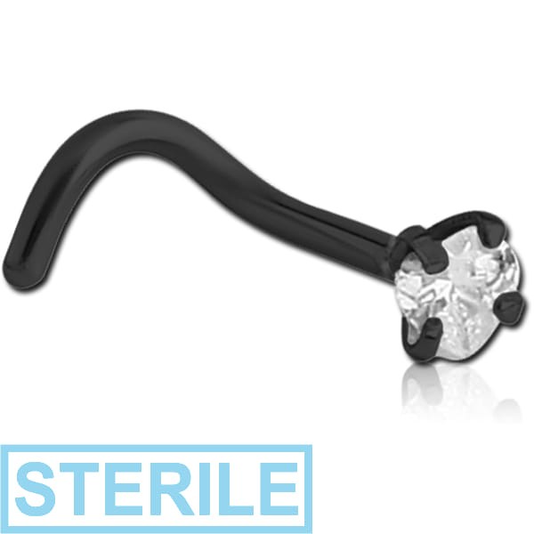 STERILE BLACK PVD COATED SURGICAL STEEL CURVED PRONG SET HEART JEWELLED NOSE STUD