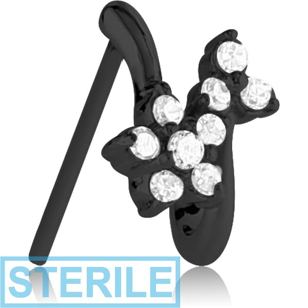 STERILE BLACK PVD COATED SURGICAL STEEL STRAIGHT JEWELLED WRAP AROUND NOSE STUD - FLOWERS