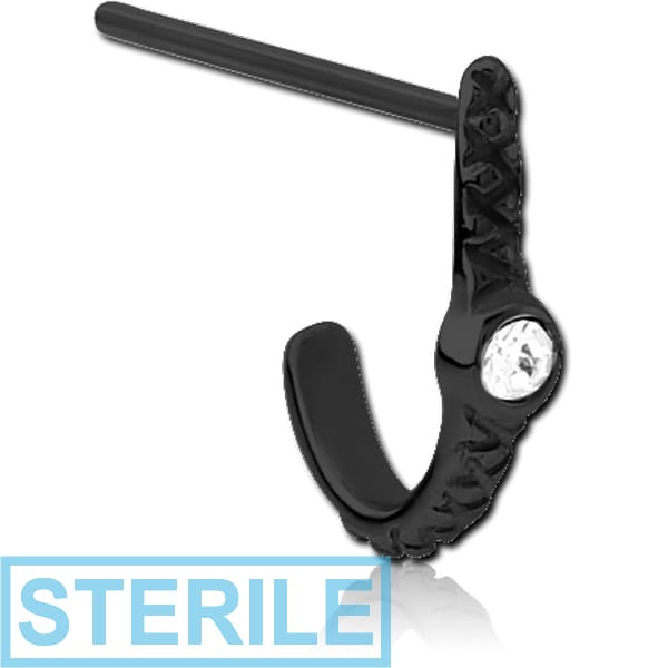 STERILE BLACK PVD COATED SURGICAL STEEL STRAIGHT JEWELLED WRAP AROUND NOSE STUD - EYE