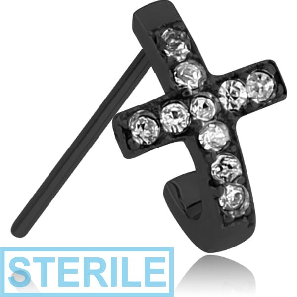 STERILE BLACK PVD COATED SURGICAL STEEL STRAIGHT JEWELLED WRAP AROUND NOSE STUD - CROSS EITH GEMS