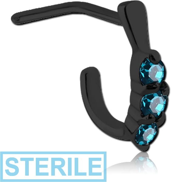 STERILE BLACK PVD COATED SURGICAL STEEL 90 DEGREE JEWELLED WRAP AROUND NOSE STUD - THREE GEMS ROUND