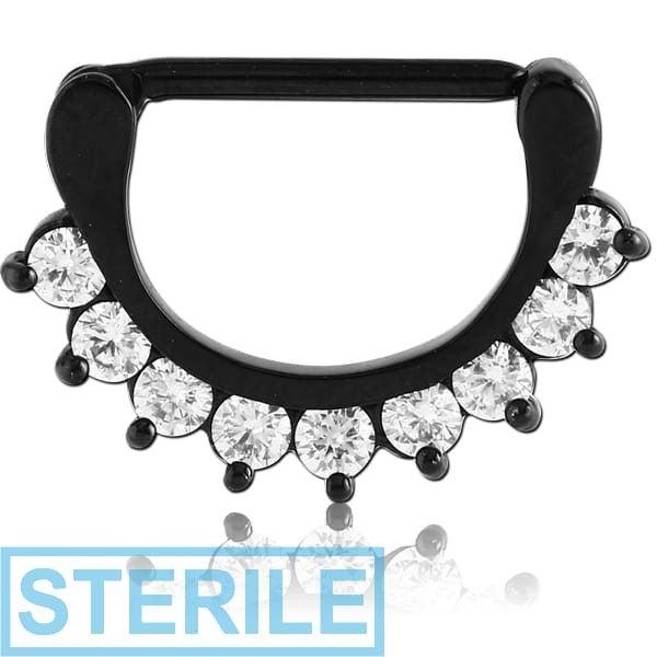 STERILE BLACK PVD COATED SURGICAL STEEL PRONG SET JEWELLED NIPPLE CLICKER