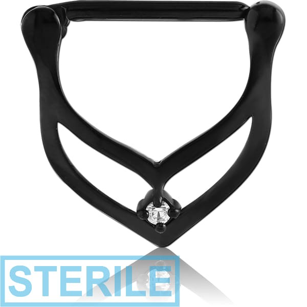 STERILE BLACK PVD COATED SURGICAL STEEL PRONG SET JEWELLED NIPPLE CLICKER - V