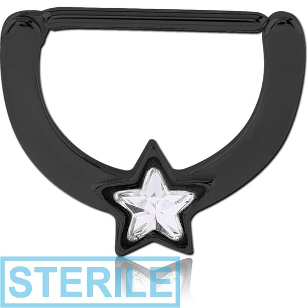 STERILE BLACK PVD COATED SURGICAL STEEL JEWELLED NIPPLE CLICKER - STAR